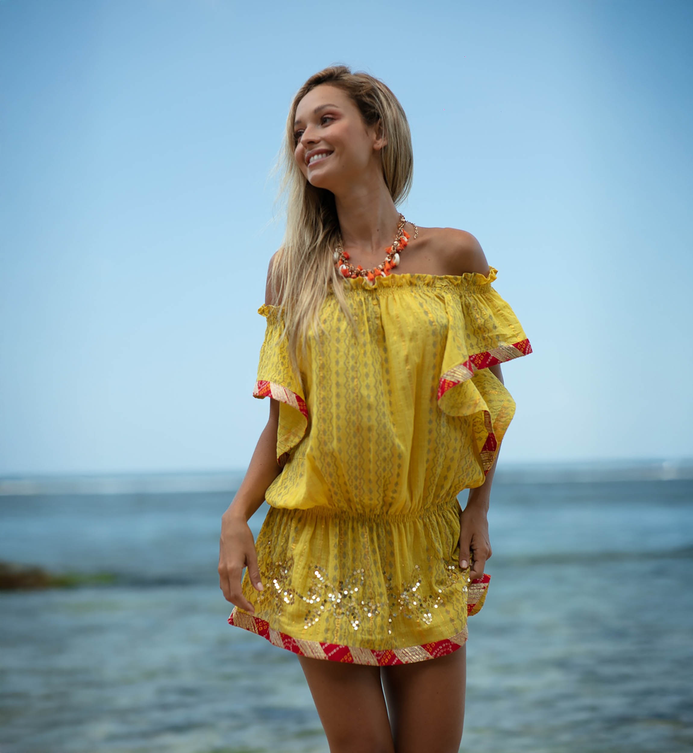 Lakshimi Short Dress – Orange/Yellow – Off-Shoulder – Short Sleeve – Boho – Miss June Paris – 5