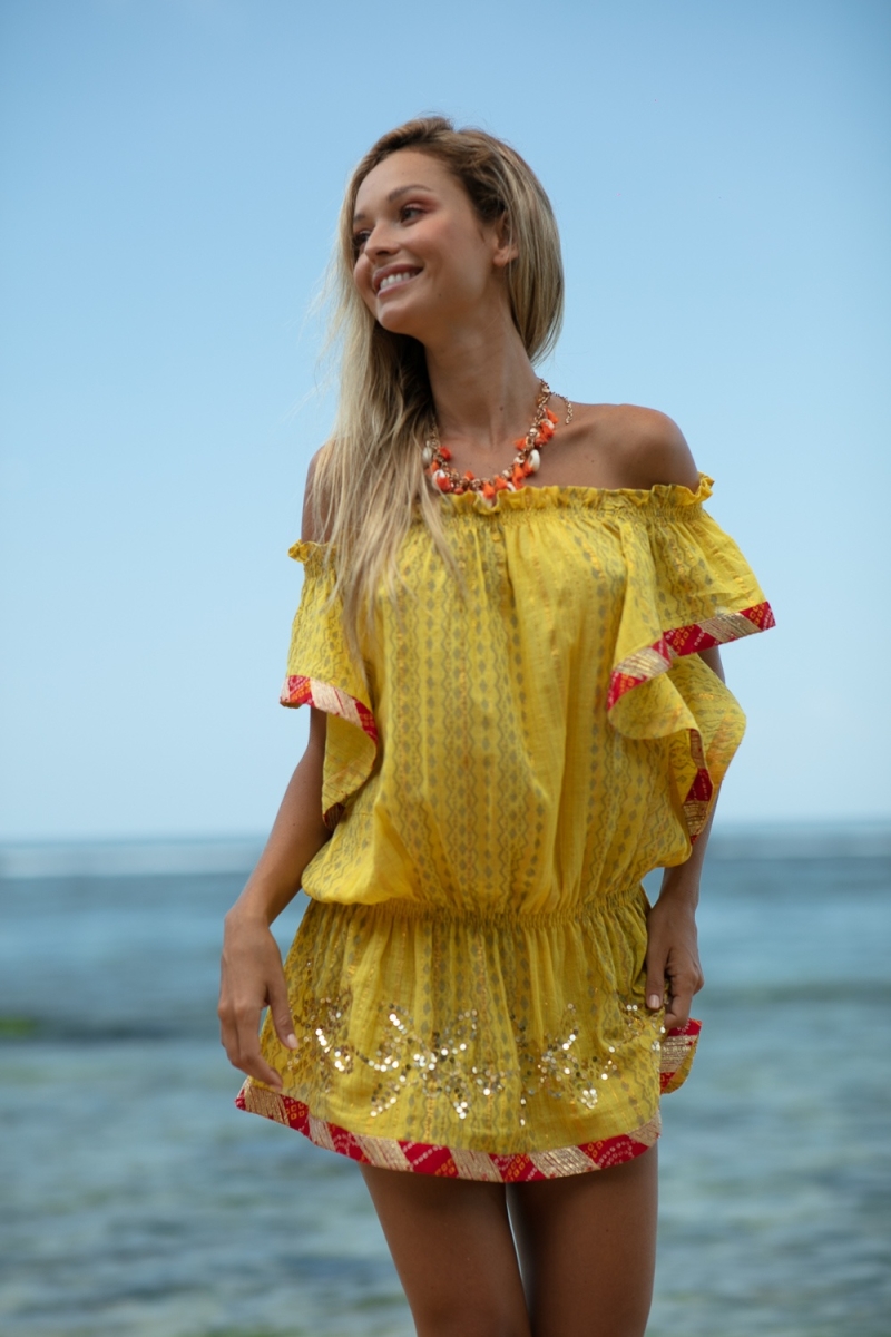 Vestido curto Lakshimi – Laranja/Amarelo – Ombros à mostra – Manga curta – Boho – Miss June Paris – 5