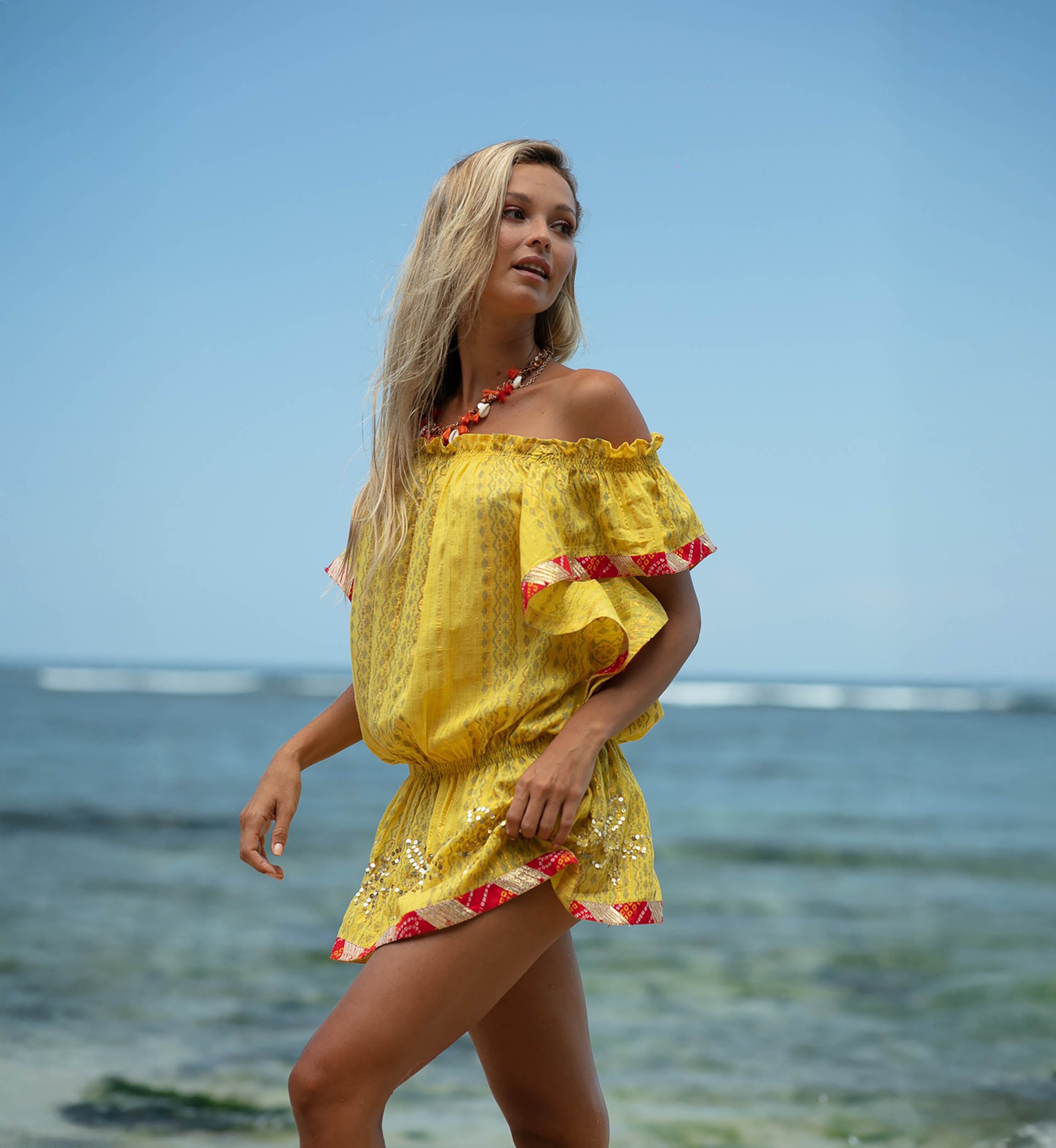 Lakshimi Short Dress – Orange/Yellow – Off-Shoulder – Short Sleeve – Boho – Miss June Paris – 6