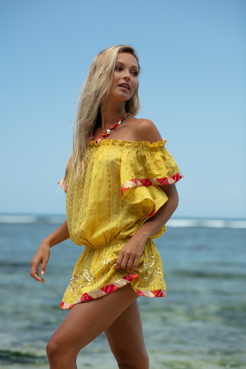 Lakshimi Short Dress – Orange/Yellow – Off-Shoulder – Short Sleeve – Boho – Miss June Paris – 6