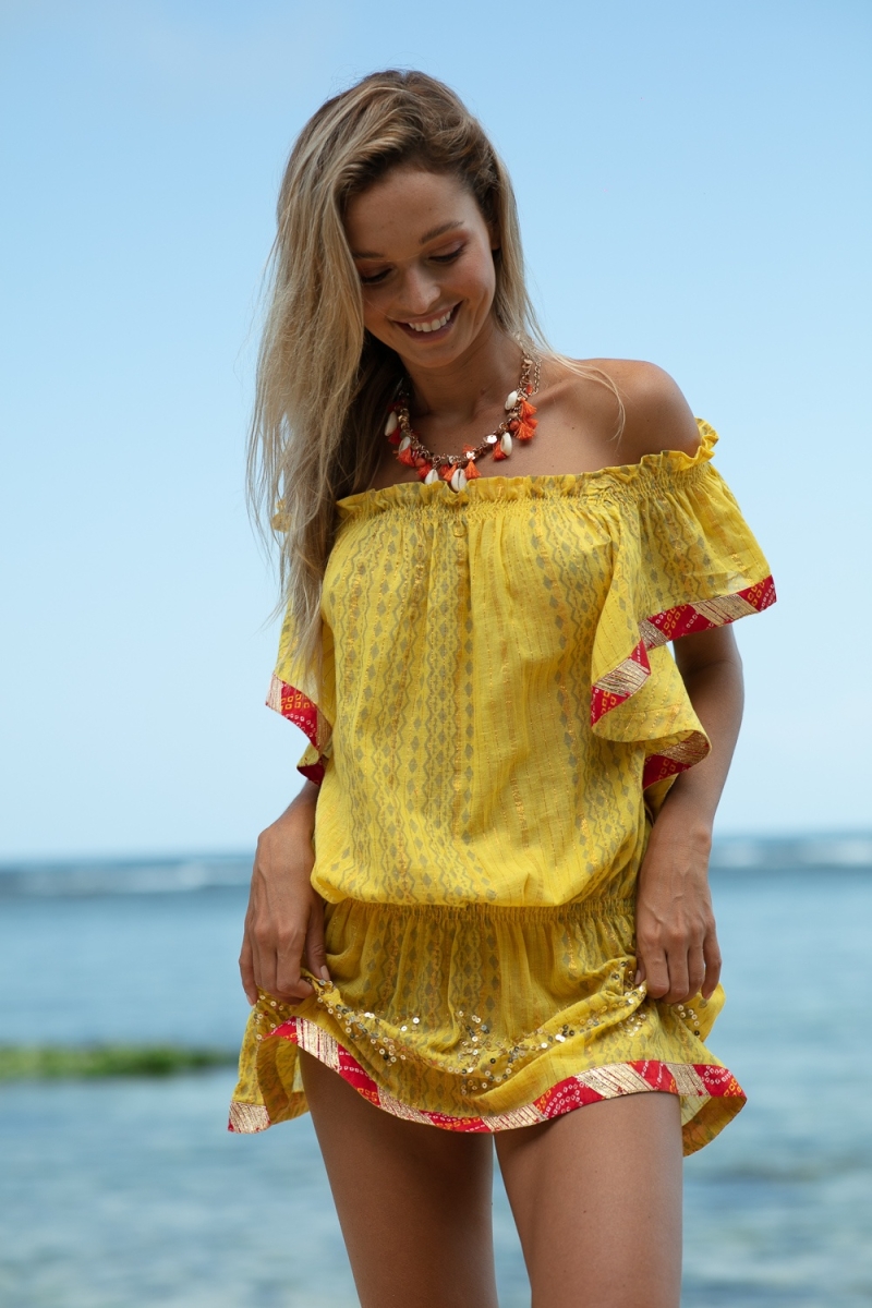 Vestido curto Lakshimi – Laranja/Amarelo – Ombros à mostra – Manga curta – Boho – Miss June Paris – 8