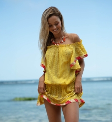 Vestido curto Lakshimi – Laranja/Amarelo – Ombros à mostra – Manga curta – Boho – Miss June Paris – 8