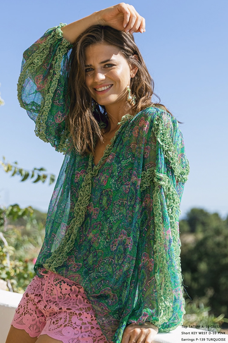 Tatum Blouse, Green or Beige, Lurex, Long Sleeve, Bohemian, Miss June Paris, 5