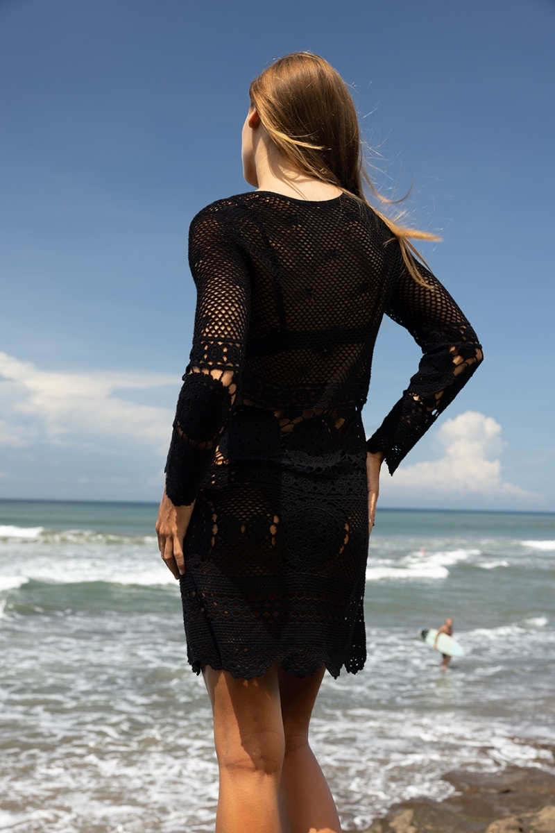 Amelia Short Dress - Black - Adjustable Neckline - Crochet Dress - Long Sleeves - Boho Style - Miss June Paris - 3