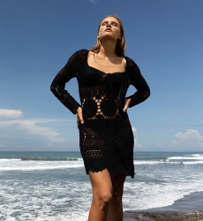 Amelia Short Dress - Black - Adjustable Neckline - Crochet Dress - Long Sleeves - Boho Style - Miss June Paris - 1
