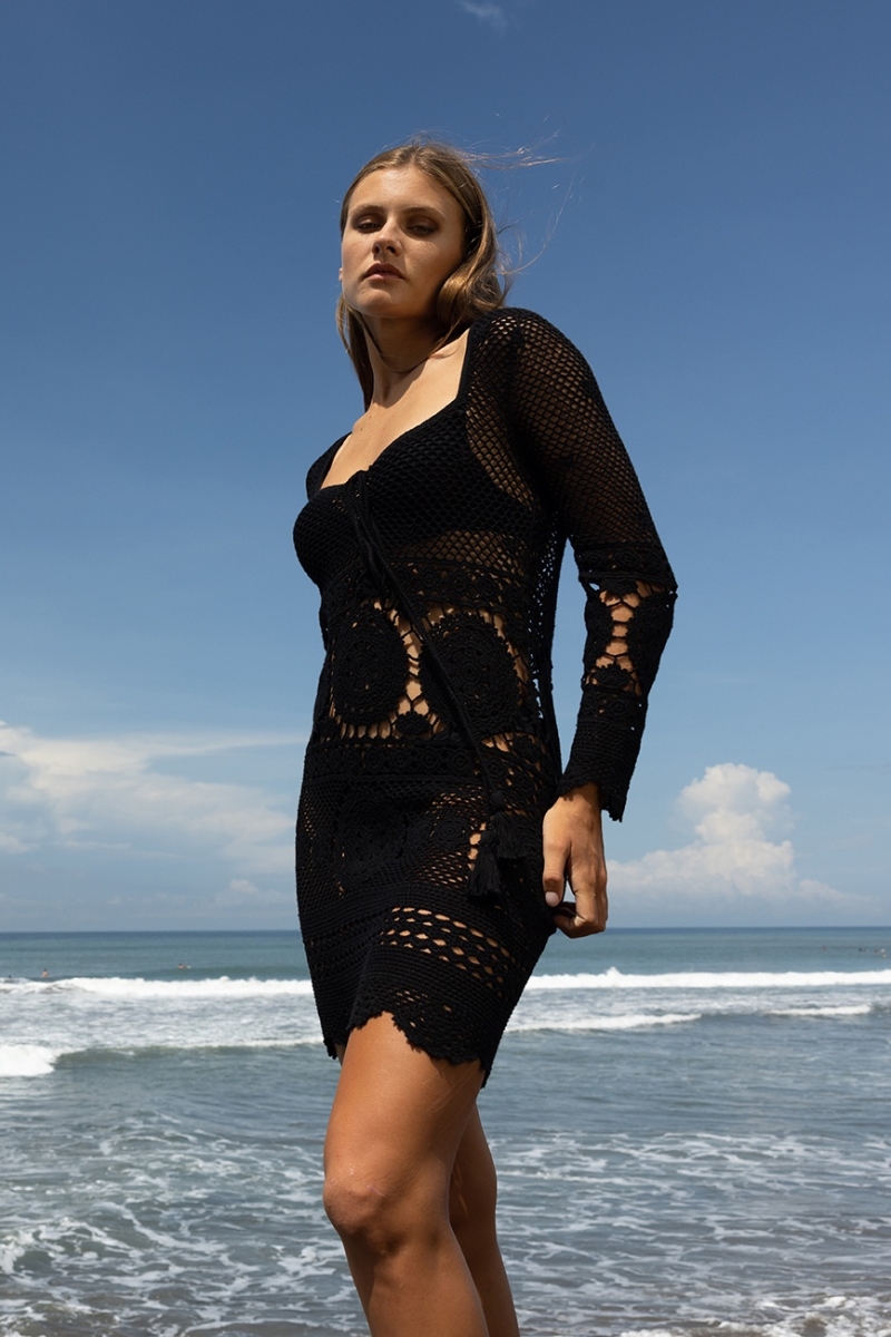 Amelia Short Dress - Black - Adjustable Neckline - Crochet Dress - Long Sleeves - Boho Style - Miss June Paris - 2