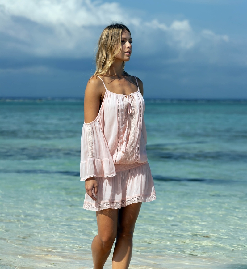 Vestido curto LOVELY – Azul ou Petal – Manga longa – Ombros à mostra – Boho Chic – Miss June Paris – 6