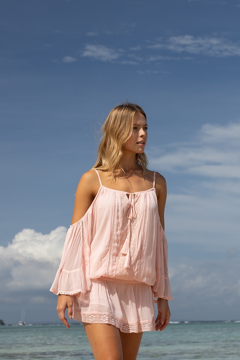 Vestido curto LOVELY – Azul ou Petal – Manga longa – Ombros à mostra – Boho Chic – Miss June Paris – 7
