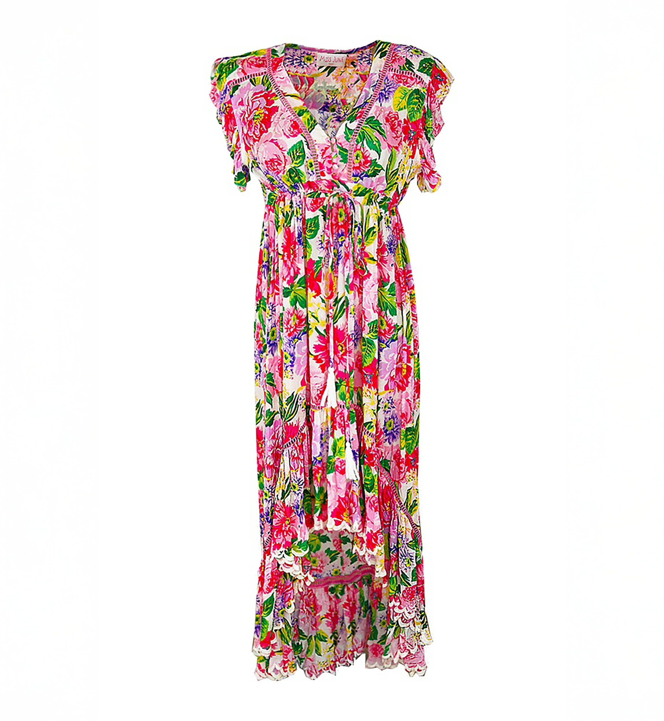 Holy Long Dress - Pink - Floral Print - Short Sleeves - V-Neck - Drawstring Waist - Boho - Miss June Paris - 2