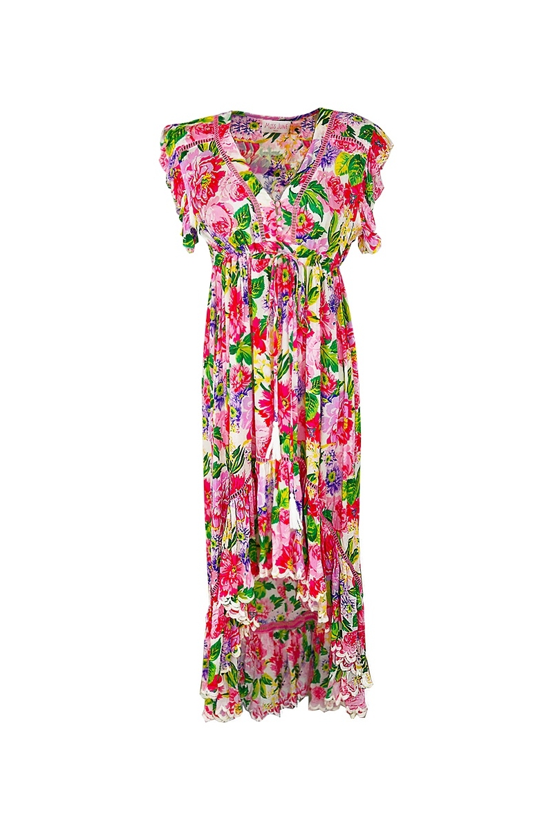 Vestido Longo Holy - Rosa - Estampa Floral - Mangas Curtas - Decote V - Cordão Ajustável - Boho - Miss June Paris - 2