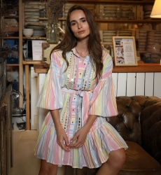 Antonia Short Dress: multicolor - striped - chest adorned with small mirrors - long sleeves - Miss June Paris - 5