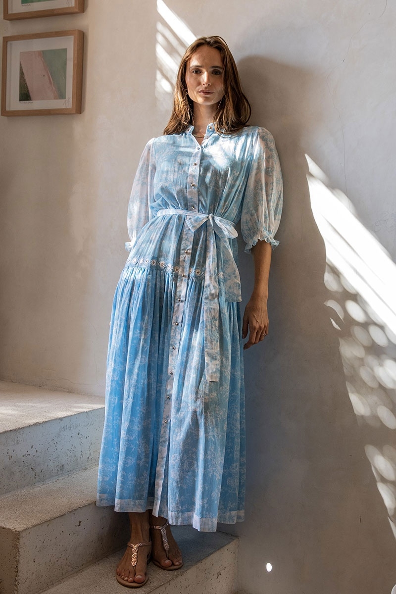Natalia long dress - blue with floral print - 3/4 sleeves - matching belt - Miss June Paris - 4