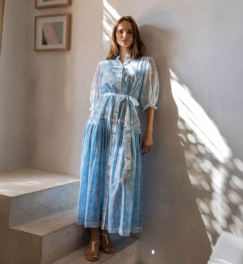 Natalia long dress - blue with floral print - 3/4 sleeves - matching belt - Miss June Paris - 4