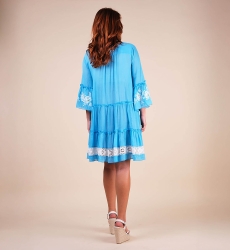 Vestido curto Cecilia - azul com bordado branco - renda delicada - textura refinada - Miss June Paris - 7