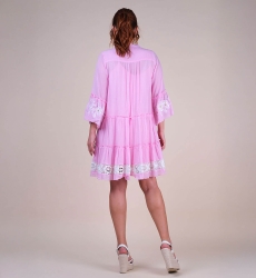 Vestido curto Cecilia - rosa com bordado branco - renda delicada - textura refinada - Miss June Paris - 7