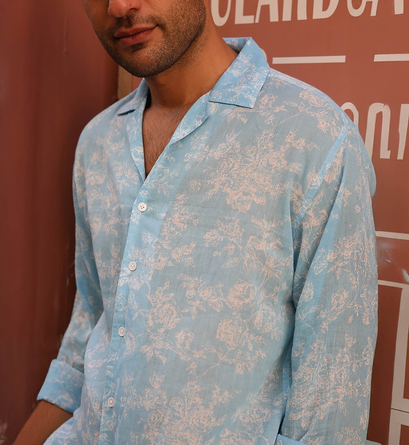 Shirt Salento – blue – white floral print – long sleeves – lightweight fabric – Shay collection – Miss June Paris – 3