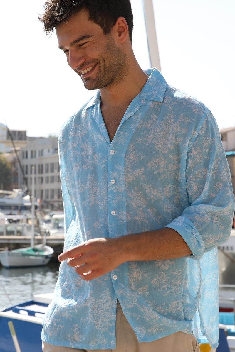 Shirt Salento – blue – white floral print – long sleeves – lightweight fabric – Shay collection – Miss June Paris – 2