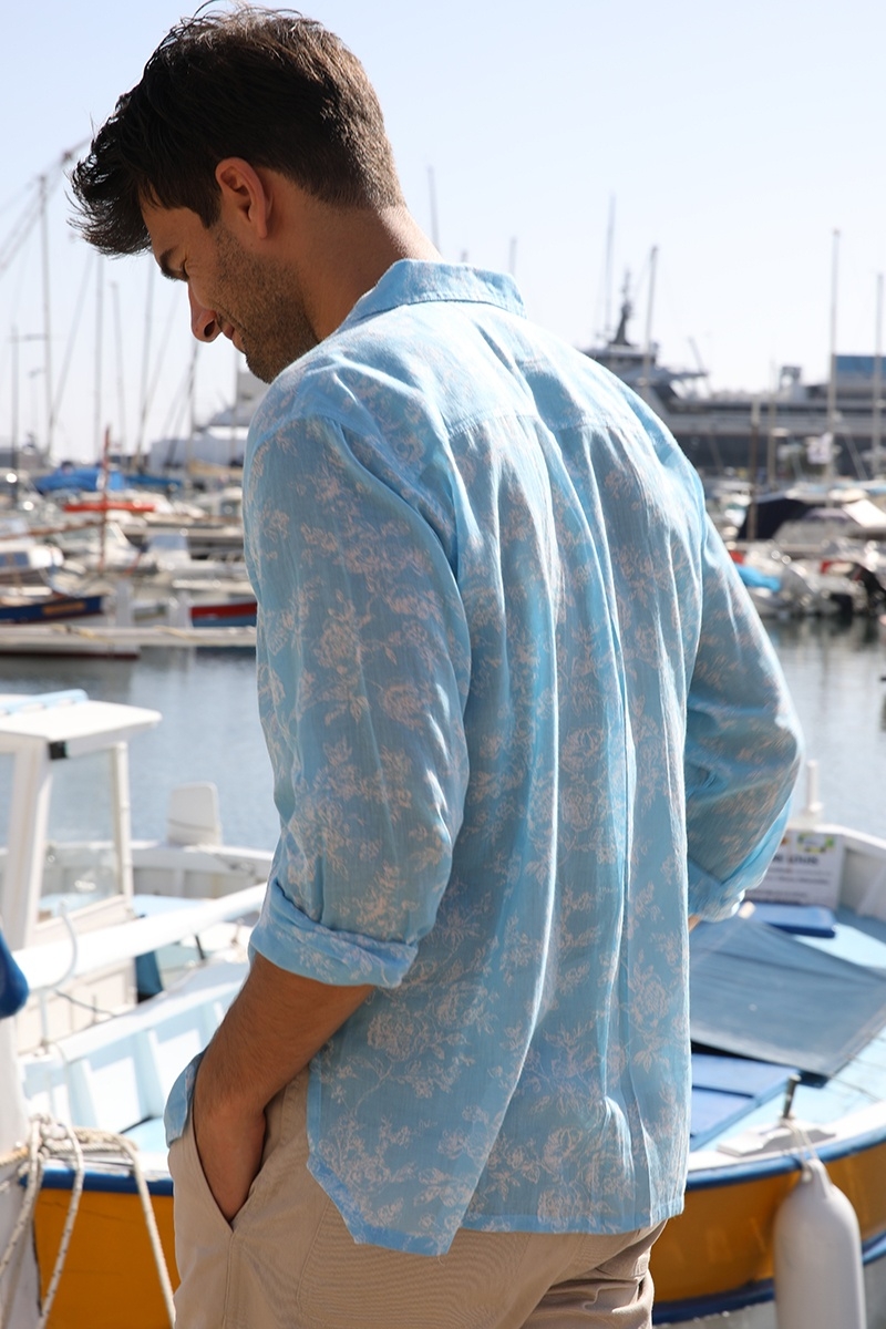 Shirt Salento – blue – white floral print – long sleeves – lightweight fabric – Shay collection – Miss June Paris – 4
