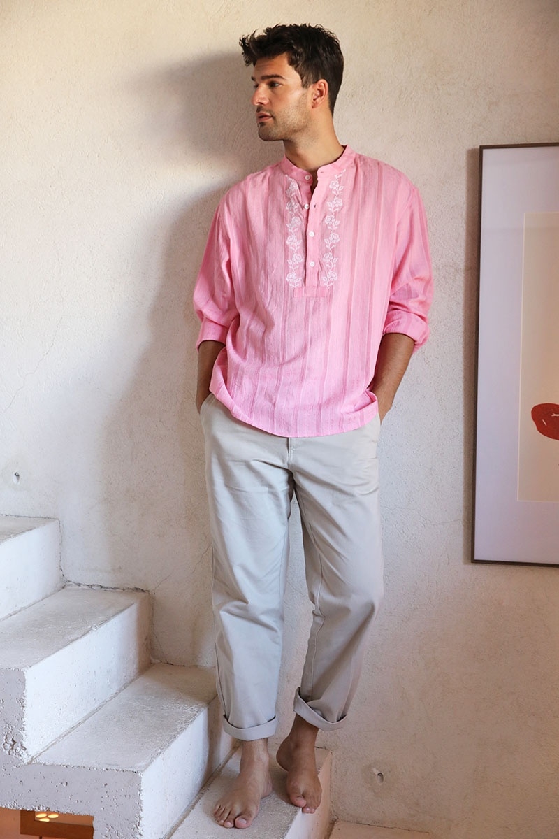 Camisa Jerico – rosa com detalhes bordados em branco – mangas longas – coleção Shay – Miss June Paris – 5