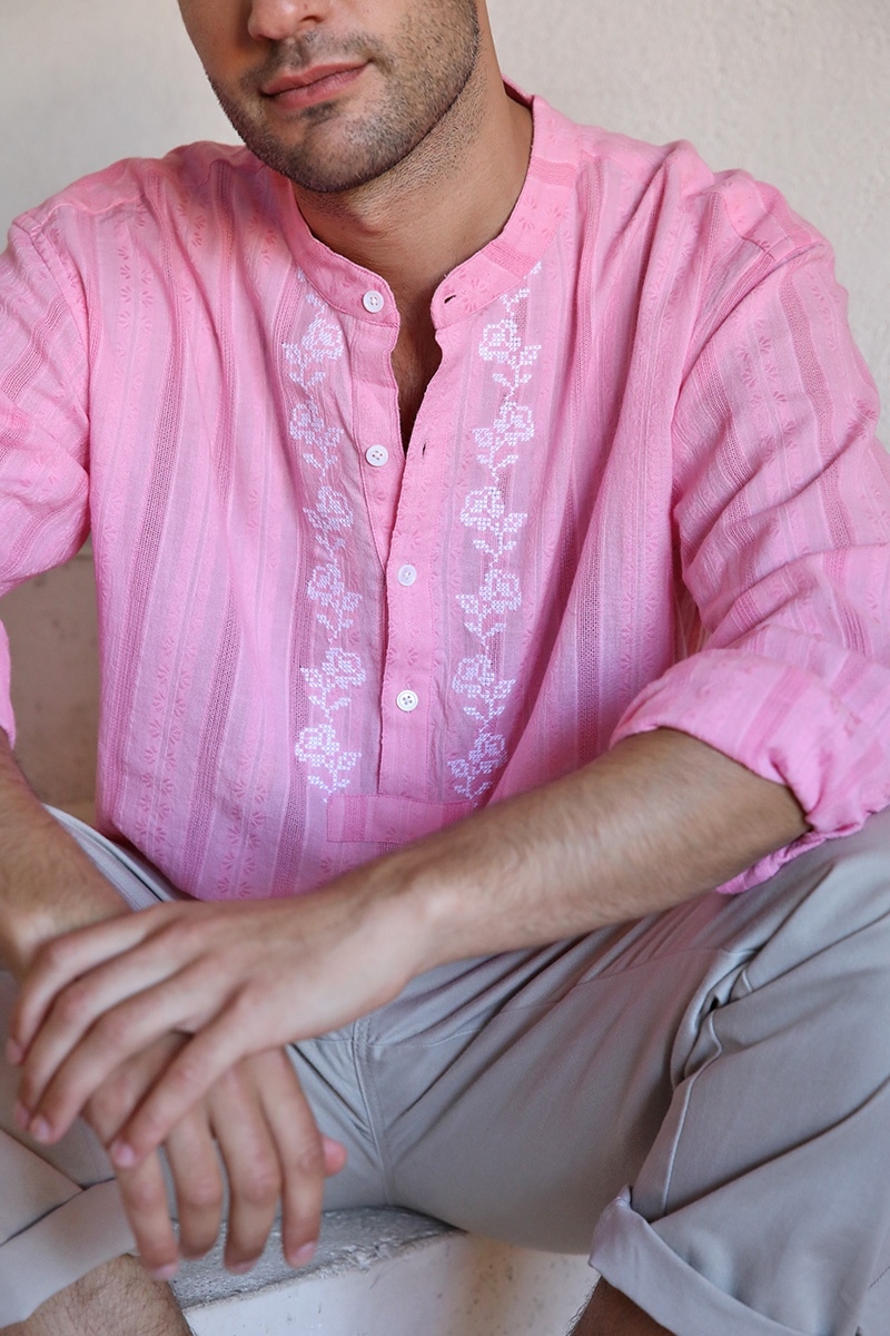 Camisa Jerico – rosa con detalles bordados en blanco – mangas largas – colección Shay – Miss June Paris – 6