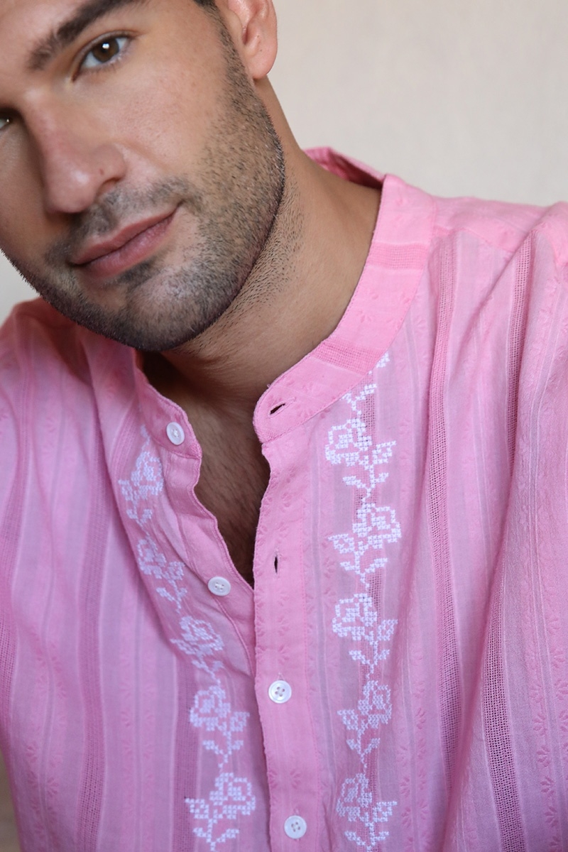Camisa Jerico – rosa con detalles bordados en blanco – mangas largas – colección Shay – Miss June Paris – 8