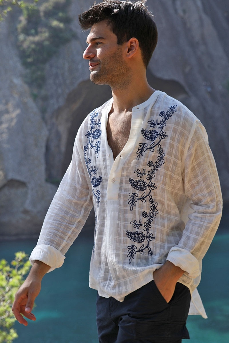 Cocora Shirt – white – blue embroidery – long sleeves – fluid material – Shay collection – Miss June Paris – 6