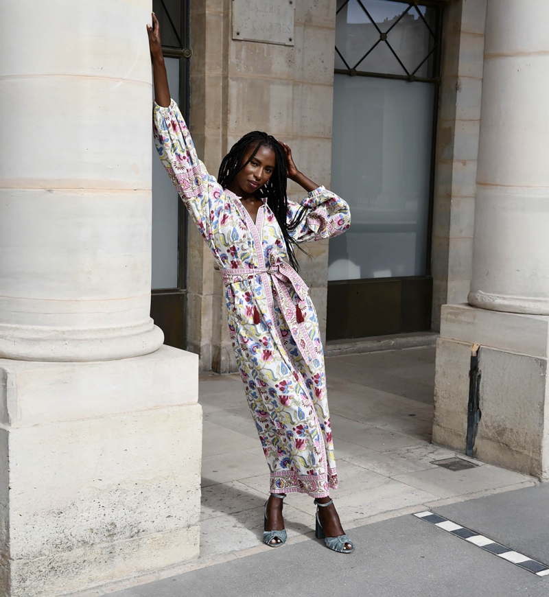 Long Dress Adriana: multicolor - floral print - long sleeves - matching belt - Miss June Paris - 4