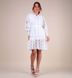Oriana short dress - white - long sleeves - smocked cuffs - delicate embroidery - Miss June Paris - 5