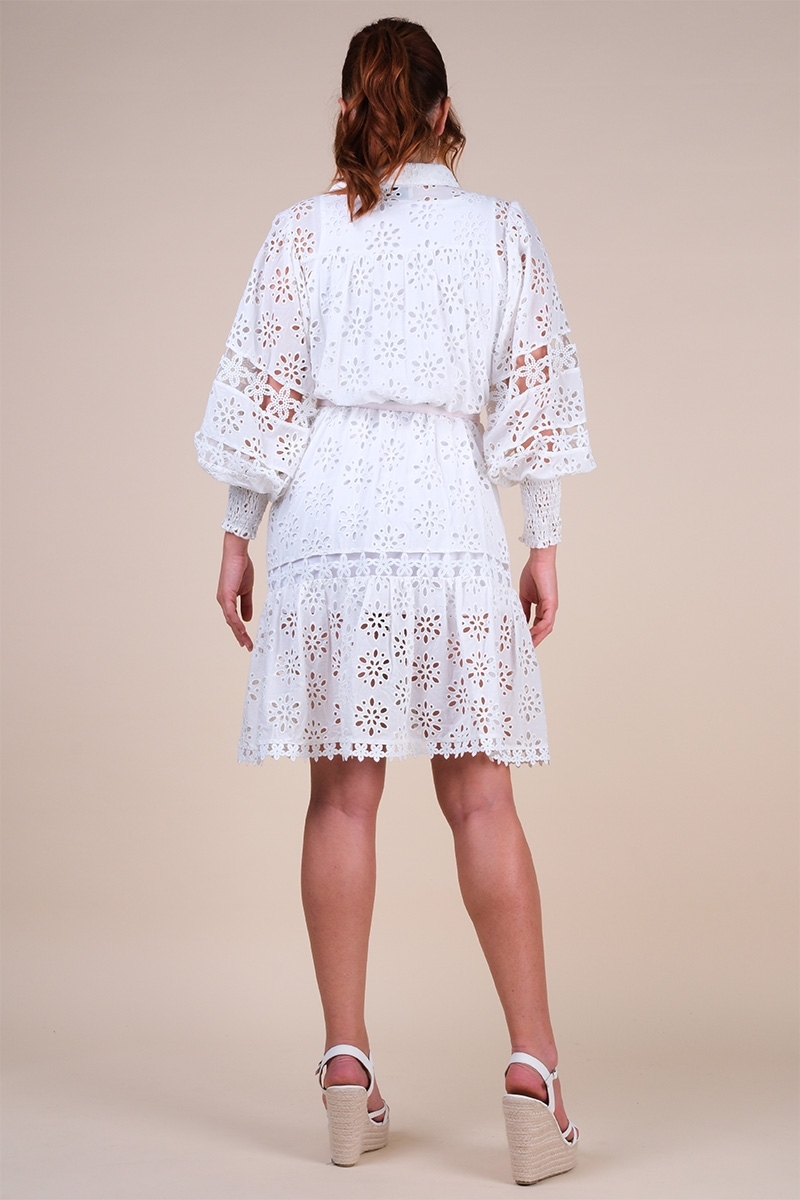 Oriana short dress - white - long sleeves - smocked cuffs - delicate embroidery - Miss June Paris - 6