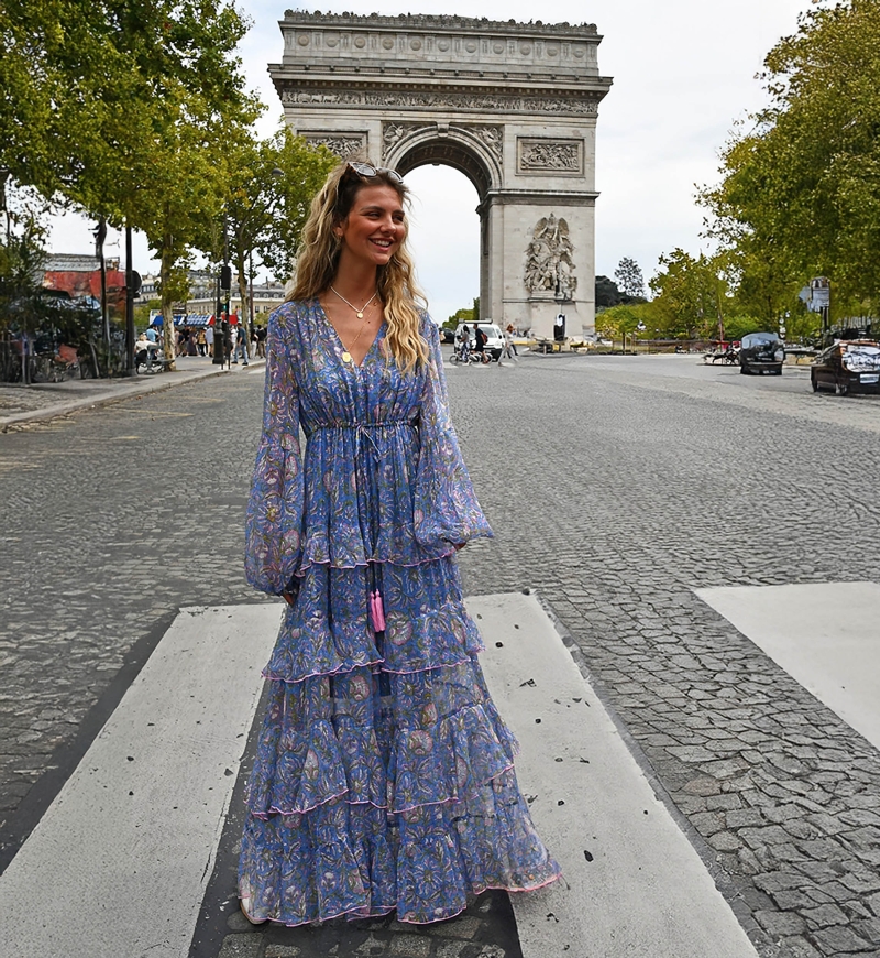 Long Dress Emilia: blue - delicate ruffles - fluid cut - silver lurex - subtle patterns - Miss June Paris - 4