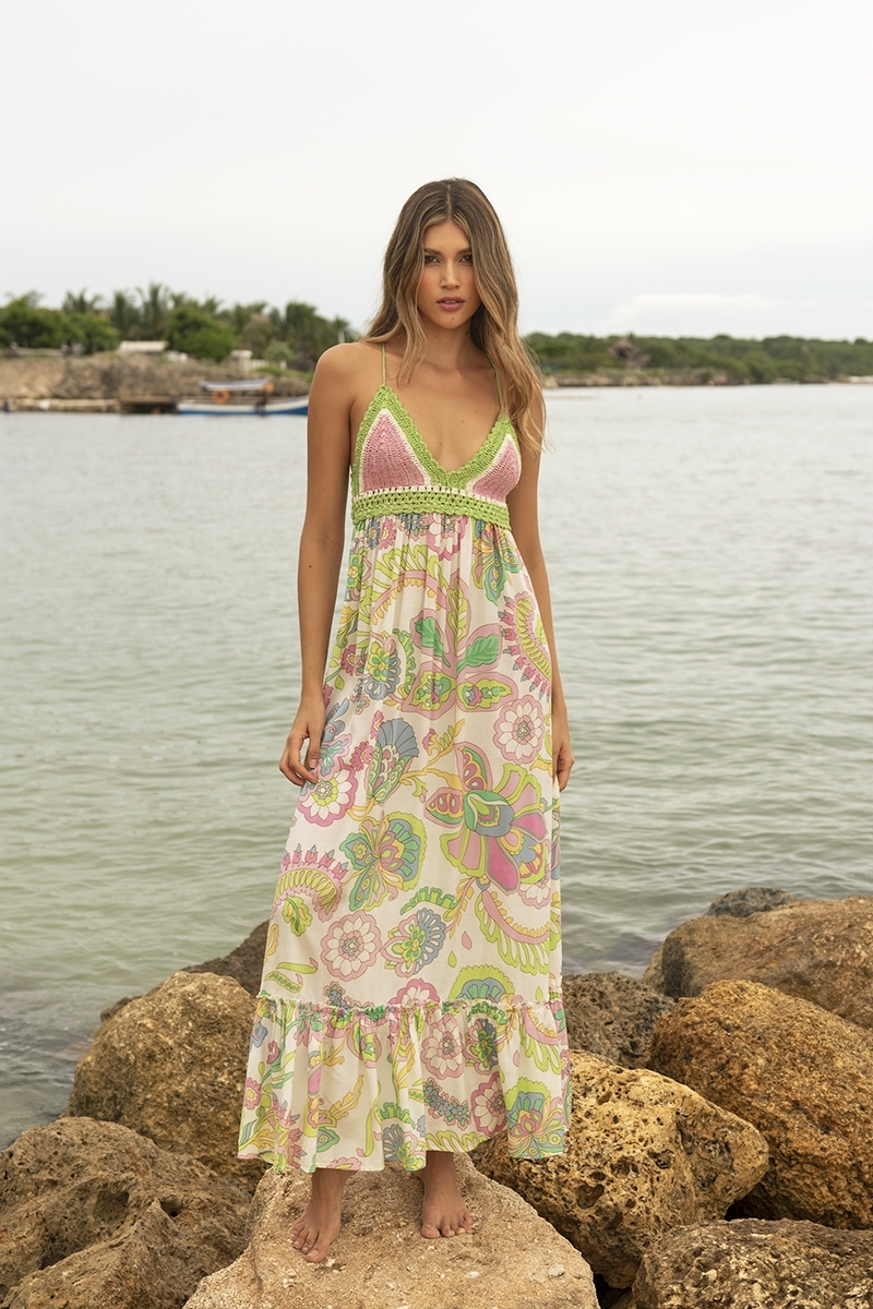 Vestido Longo Hortensia: multicolorido - padrão floral - parte superior em crochê - alças finas - Miss June Paris - 2