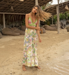 Vestido Longo Hortensia: multicolorido - padrão floral - parte superior em crochê - alças finas - Miss June Paris - 3