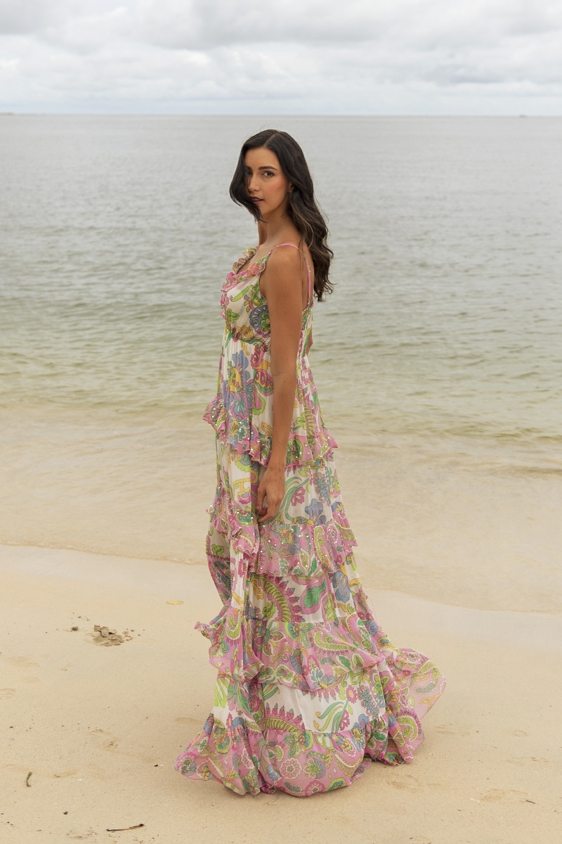Long Dress Ingrid: multicolor - floral print - straps - one size M/L - fluid ruffles - Miss June Paris - 2