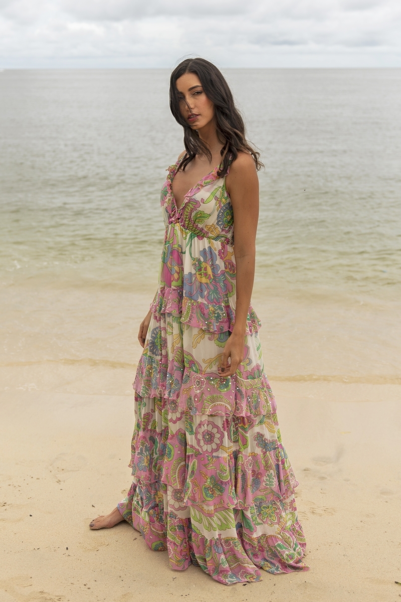 Vestido Longo Ingrid: multicolorido - estampa floral - alças - tamanho único M/L - babados fluidos - Miss June Paris - 3
