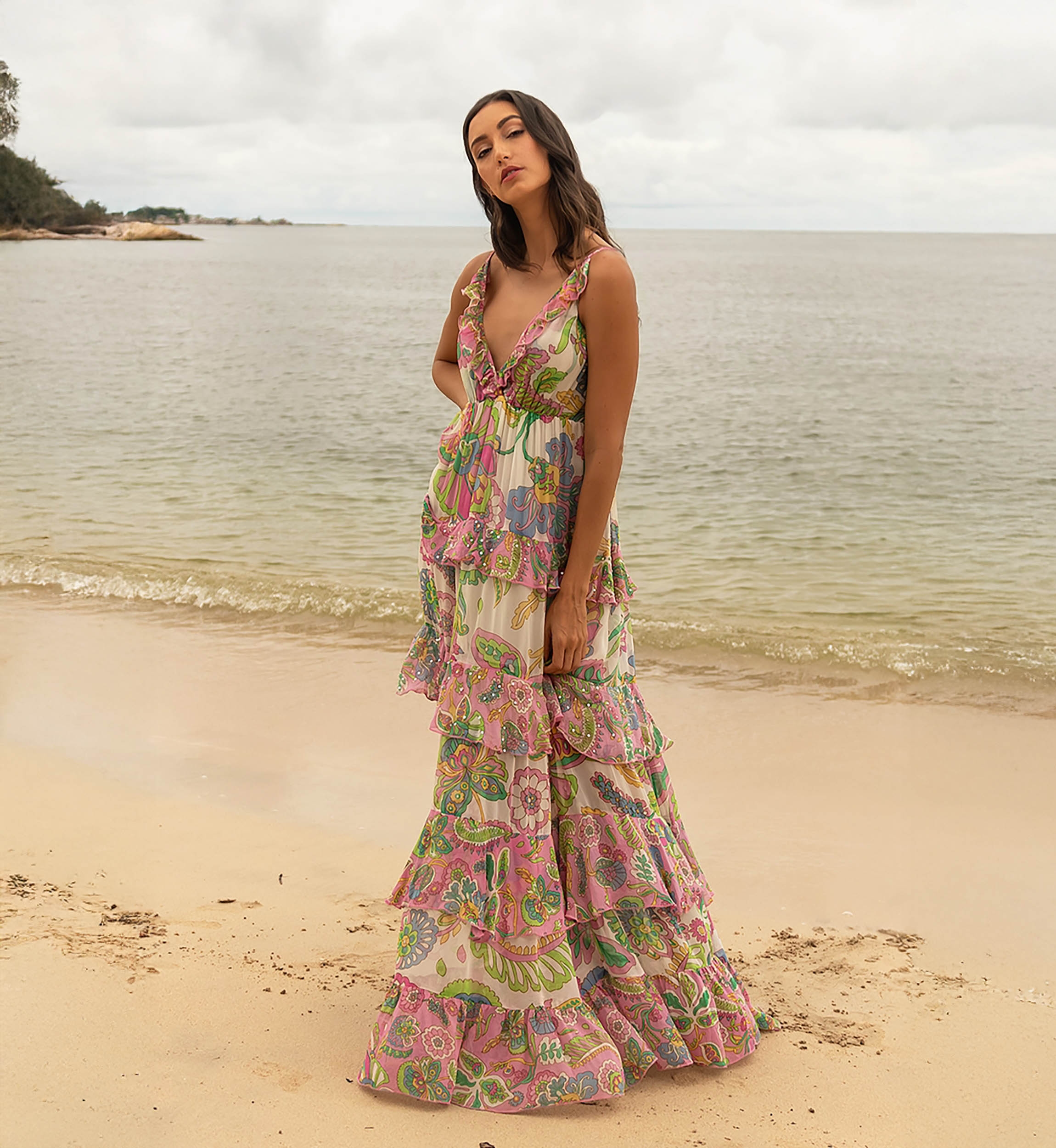 Vestido Longo Ingrid: multicolorido - estampa floral - alças - tamanho único M/L - babados fluidos - Miss June Paris - 1