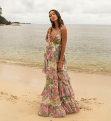 Vestido Longo Ingrid: multicolorido - estampa floral - alças - tamanho único M/L - babados fluidos - Miss June Paris - 1