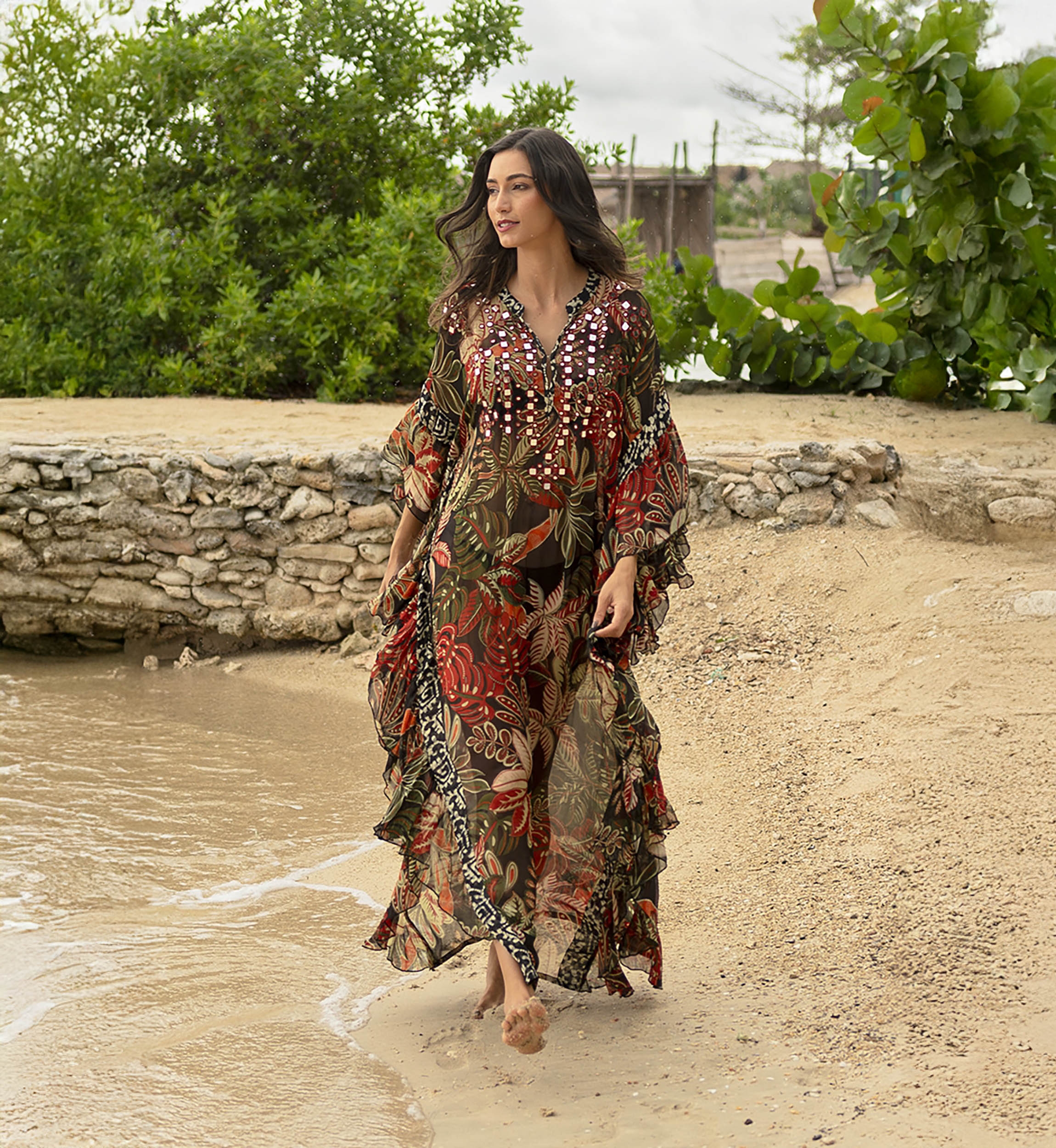 Caftan long Esperanza - preto - estampa vegetal - babador adornado com espelhos brilhantes - Miss June Paris - 1