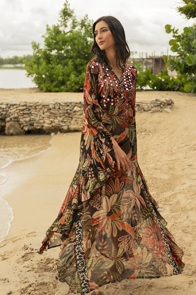 Esperanza long caftan - black - vegetable print - bib adorned with sparkling mirrors - Miss June Paris - 2