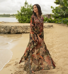 Caftan long Esperanza - preto - estampa vegetal - babador adornado com espelhos brilhantes - Miss June Paris - 2