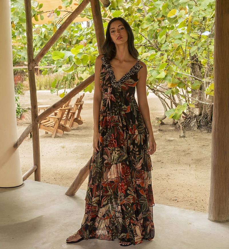 Long Dress Floriana: black - tropical print - straps - fluid ruffles - Miss June Paris - 2