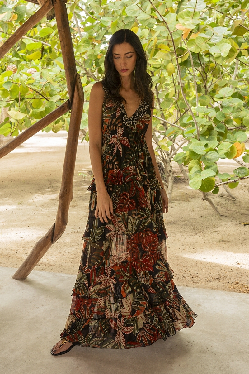 Vestido Longo Floriana: preto - estampa tropical - alças - babados fluidos - Miss June Paris - 2