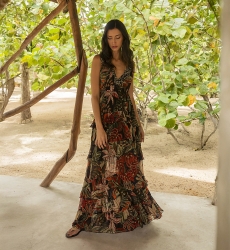 Vestido Longo Floriana: preto - estampa tropical - alças - babados fluidos - Miss June Paris - 2