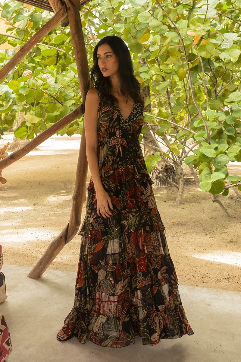 Long Dress Floriana: black - tropical print - straps - fluid ruffles - Miss June Paris - 1