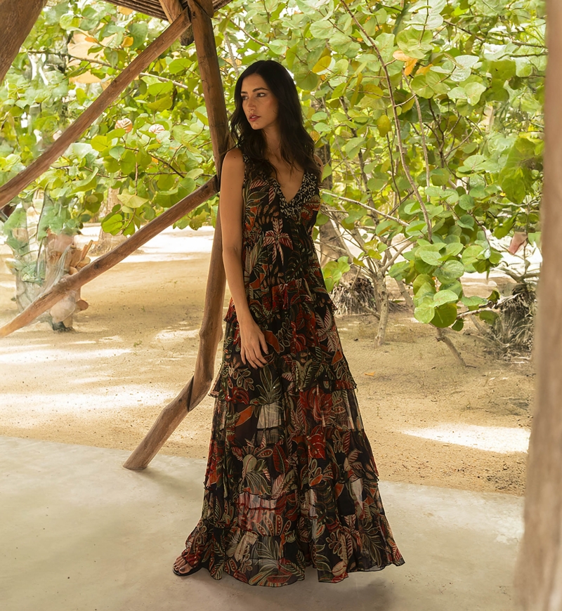 Vestido Longo Floriana: preto - estampa tropical - alças - babados fluidos - Miss June Paris - 1