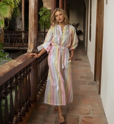 Vestido Longo Alessandra: multicolorido - listrado - peitoral adornado com espelhos - mangas longas - Miss June Paris - 3