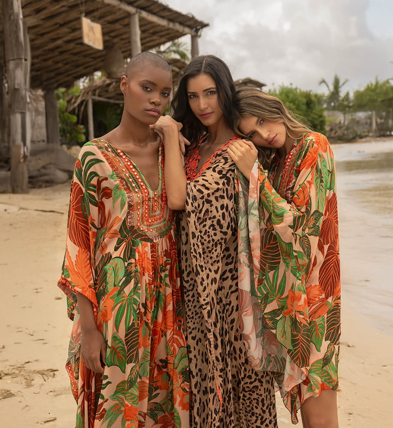 Kaftan Corto Aleida: naranja/multicolor - estampado tropical - pecho luminoso - Miss June Paris - 2