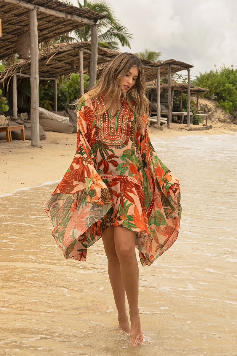 Kaftan Corto Aleida: naranja/multicolor - estampado tropical - pecho luminoso - Miss June Paris - 1