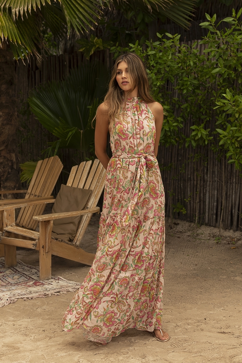 Vestido Longo Marcella: rosa/multicolorido - estampa floral - decote amarrado - cinto combinado - Miss June Paris - 1
