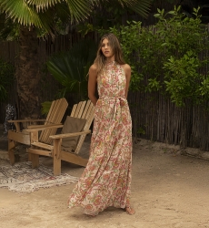 Long Dress Marcella: pink/multicolor - floral print - tied neckline - matching belt - Miss June Paris - 1
