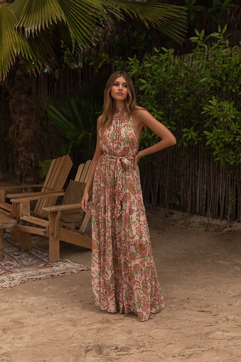Long Dress Marcella: pink/multicolor - floral print - tied neckline - matching belt - Miss June Paris - 4